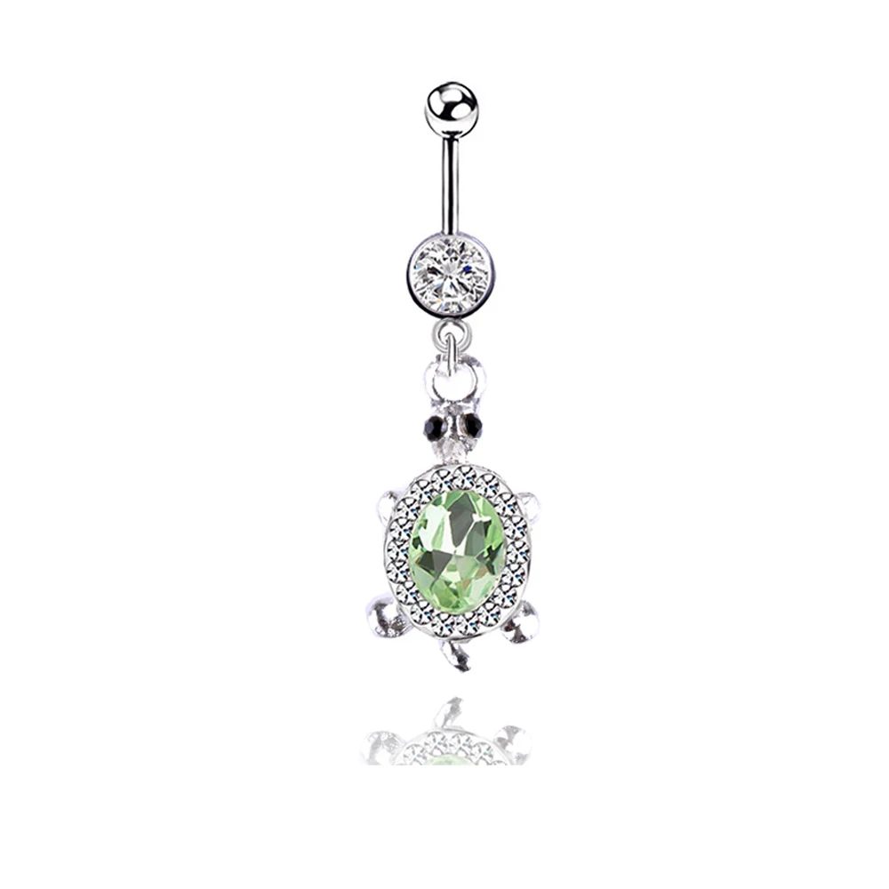 1pc Green CZ Dangle Pierc Belly Button Rings for Women Surgical Steel Tortoise Leaf Tree Navel Piercing Barbell Body Jewelry 14G