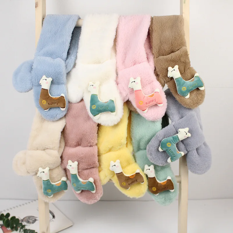 Winter New Cartoon Plush Animal Baby Scarf Cute Alpaca Warm Soft Artificial Rabbit Fur Kids Scarf Girls Baby Children's Scarf