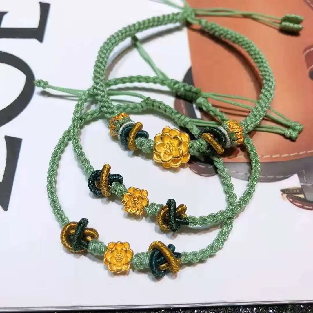 Pure 999 Real Gold Bracelet For Women Female DIY Couple Lover Small Lotus For Women Green String Rope Bracelet 16cmL Jewelry