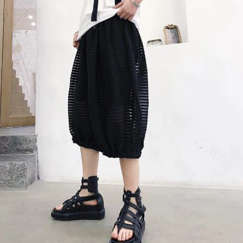 Men Summer Mesh Stripe Splice Loose Casual Wide Leg Pants Male Punk Gothic Hip Hop Streetwear Black Harem Trousers Joggers Pants