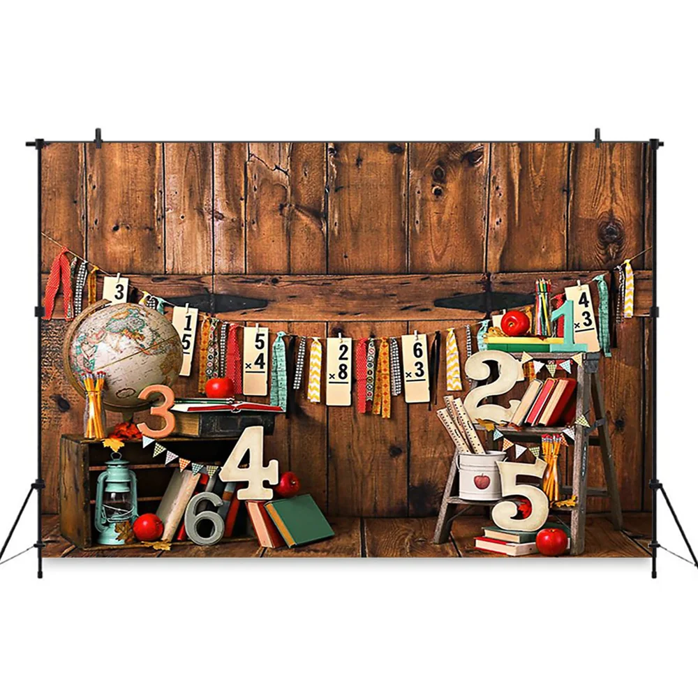신학기 파티 사진 배경, 아이 초상화 배경, 우드 보드 벽 글로브 장식 소품, 어린이 포토스튜디오