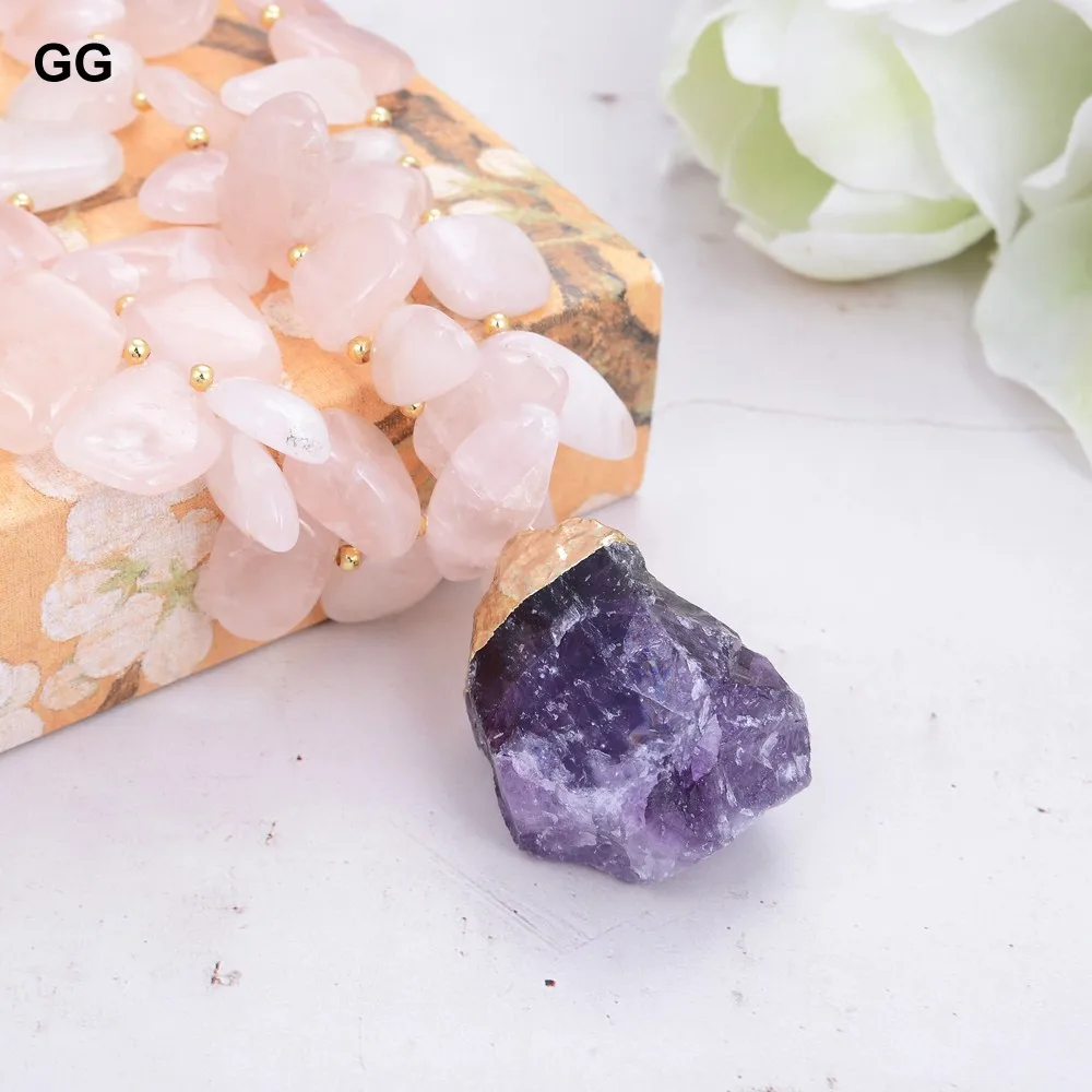 GG Natural Rose Quartz Gems Stone Geode Purple Amethyst Pendant Necklace For Women