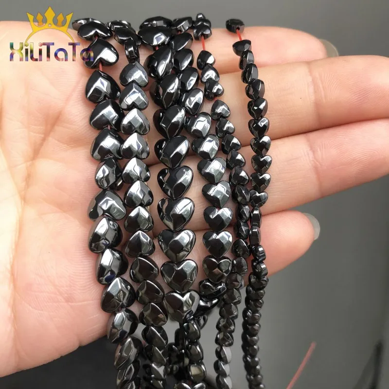 Faceted Natural Black Hematite Stone Beads Love Heart Shape Loose Beads For Jewelry Making DIY Bracelet 15'' 4*4mm/6*6mm/8*7mm