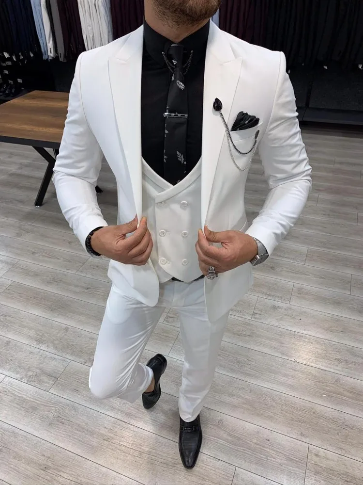 

Custom Made Men Suits White Groom Tuxedos Peak Lapel Groomsmen Wedding Bridegroom 3 Pieces ( Jacket+Pants+Vest+Tie ) D173