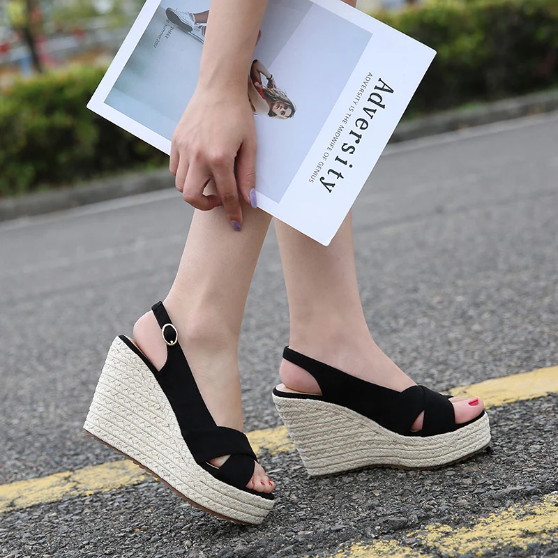 31-44 Women\'s Shoes Sandals 10cm High Heel Straw Wedges Heel Sandals Woman Platform Green Sandals