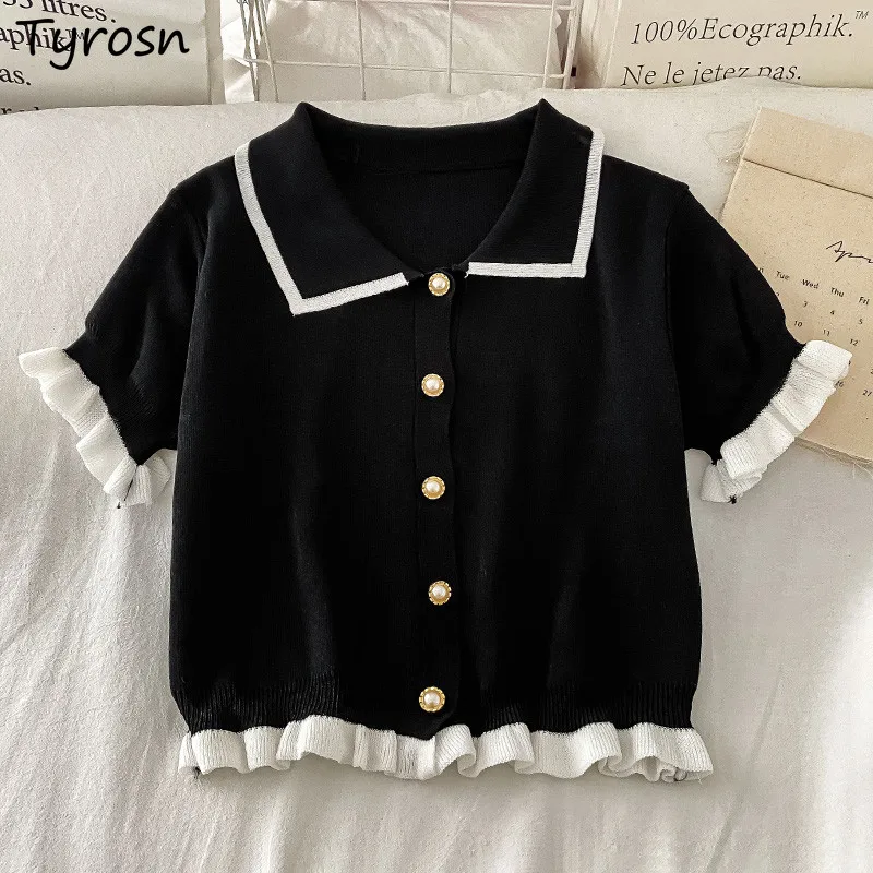 Shirts Women Sweet Design Ruffles Button Peter Pan Collar Blouses French Style Panelled Short Sleeve Knitted Crop Tops Girlish