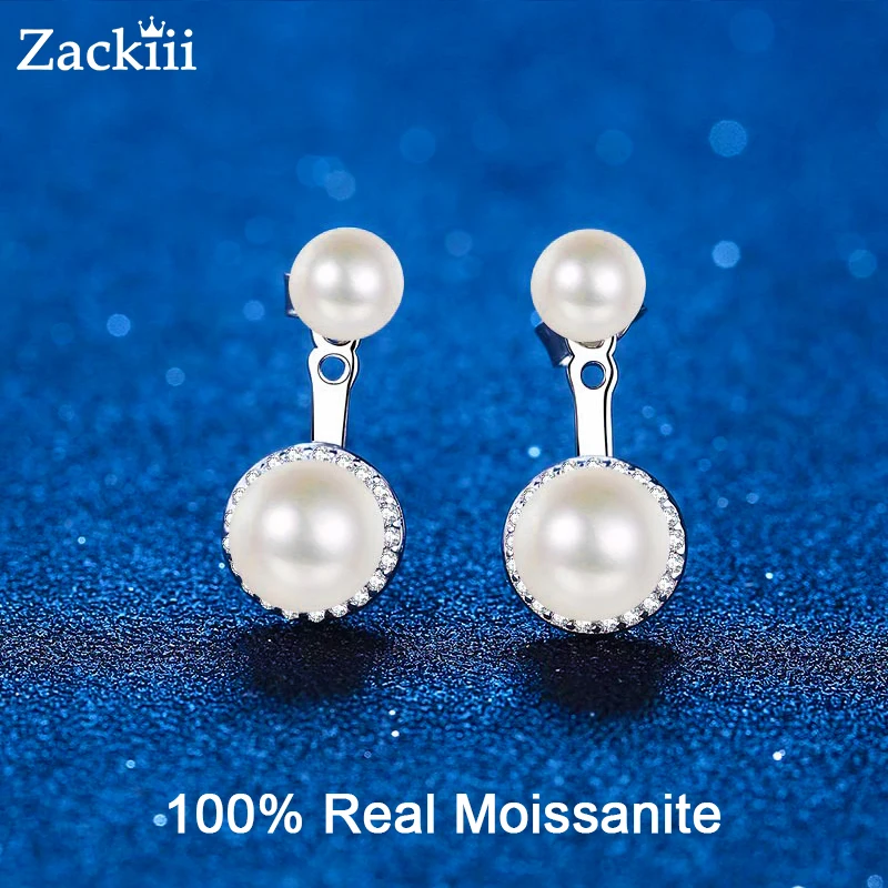 

6-9mm Freshwater Double Pearl Sterling Silver Earrings VVS Moissanite Diamond Stud Jacket Earrings Wedding Jewelry for Brides