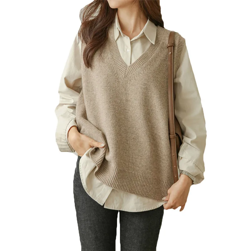 

2022 New Fashion Long Sleeve Sweaters Waistcoat Women's Clothing Knitted Vest Loose Spring Autumn V-neck Sweater Pullovers 227A