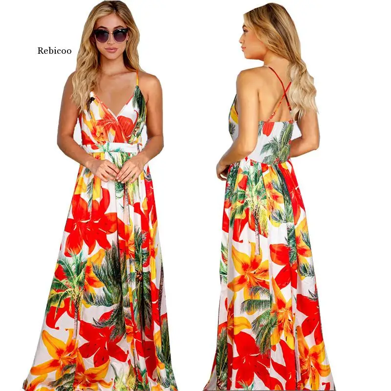 Frauen Sling Floral Lange Kleider Sommer V-ausschnitt Backless Floarl Drucken Party Strand Boho Maxi Kleid Sexy Party Sommerkleid Dame Vestido