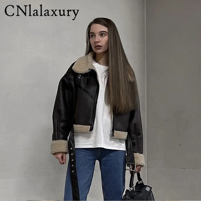 2023 Fur Long Sleeve Loose Belt Warm Women Pu Leather Jacket Lamb Wool Winter Thick Motorcycle Lapel Female Chic Coat Outwear