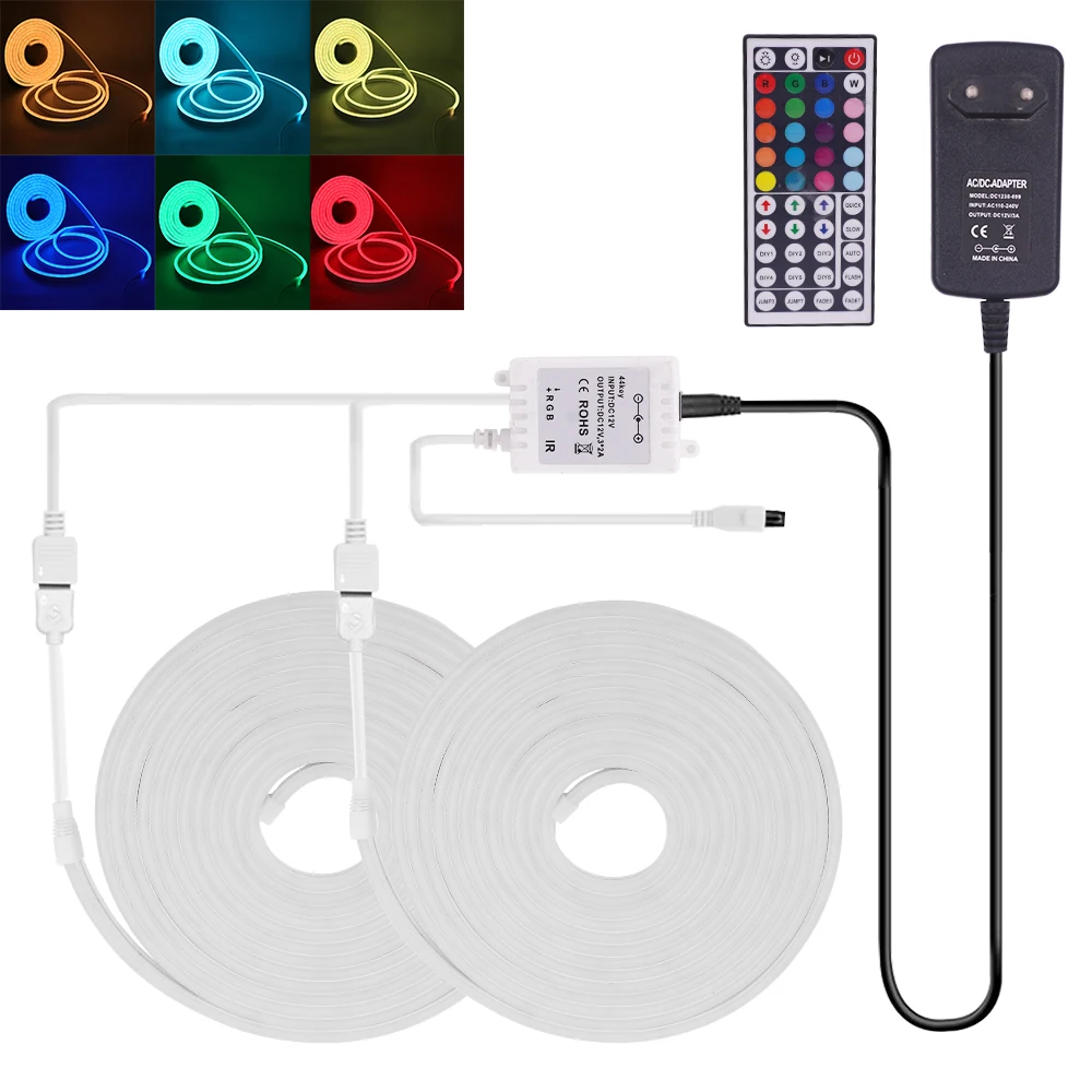 

DC 12V RGB Neon Strip Light With Power Supply + 44Key Remote + Double Output Controller 5050 SMD Flexible Ribbon Rope LED Strip