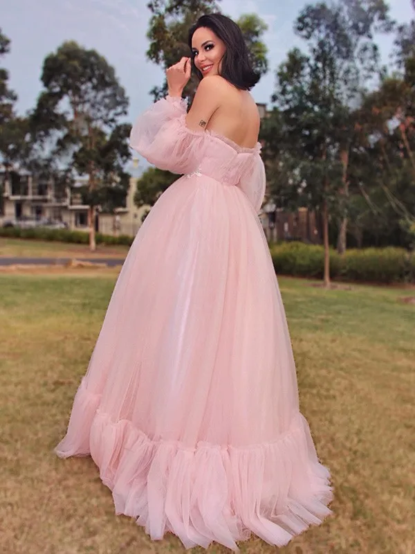 Roze Prom Jurken A-lijn Uit De Schouder Lange Mouwen Tule Applique Tiered Lange Prom Gown Avondjurken Robe De Soiree