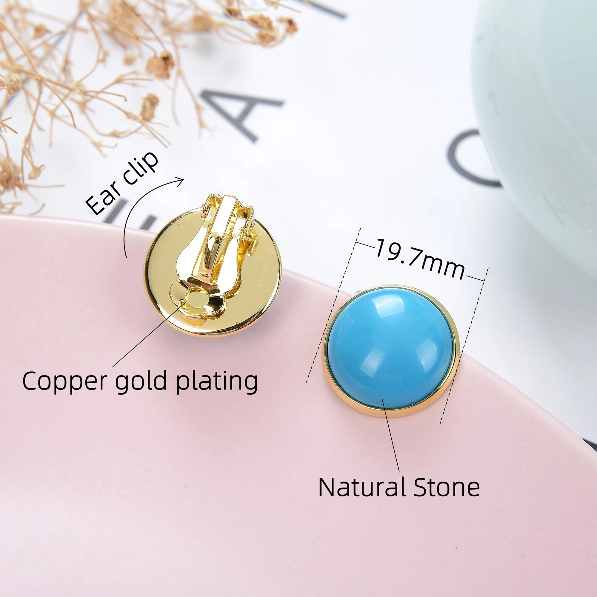 Korean Design Elegant Natural Stone Big Round Clip On Earrings Non Pierced Tiger Eye Stone Ear Clips For Women Jewelry Wholesale