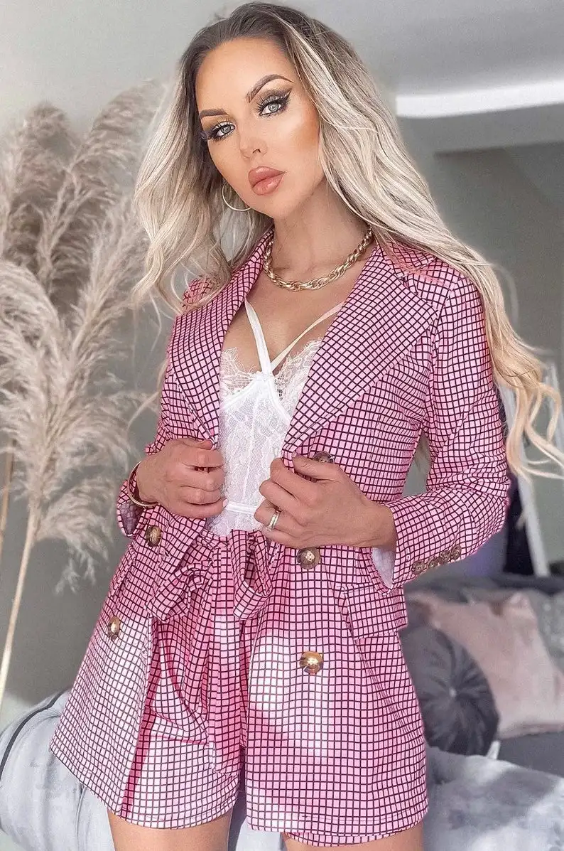 Pink Plaid Celebrity Women Blazer Pants Suits Summer Short Sexy Lady Formal Party Prom Red Carpet Outfit Coat(Jacket+Pants)