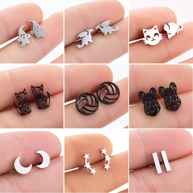 Punk Dinosaur Stainless Steel Earrings Women Boys Triangle  Volleyball Bar Dog Srar Stud Earring Fashion Jewelry Christmas Gift