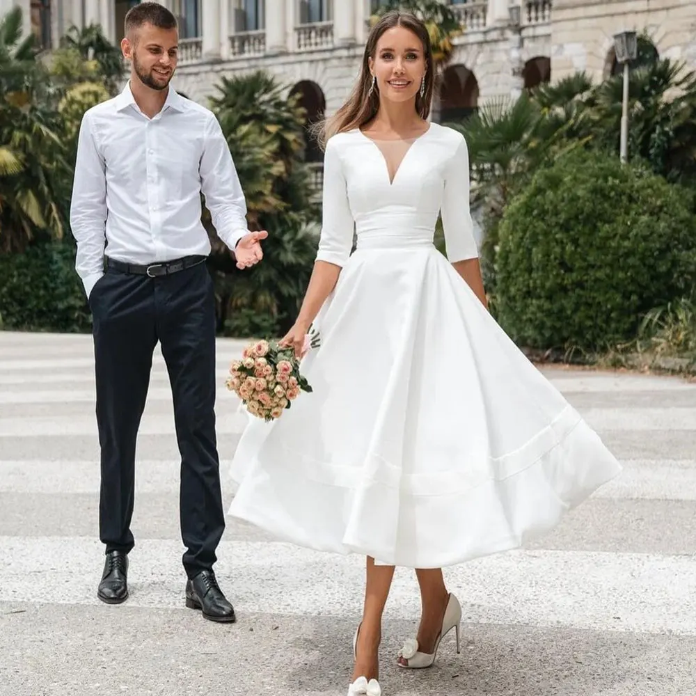 Vestido De novia corto De gasa con cuello en V, sencillo, hecho a medida, De manga larga, barato, 2021