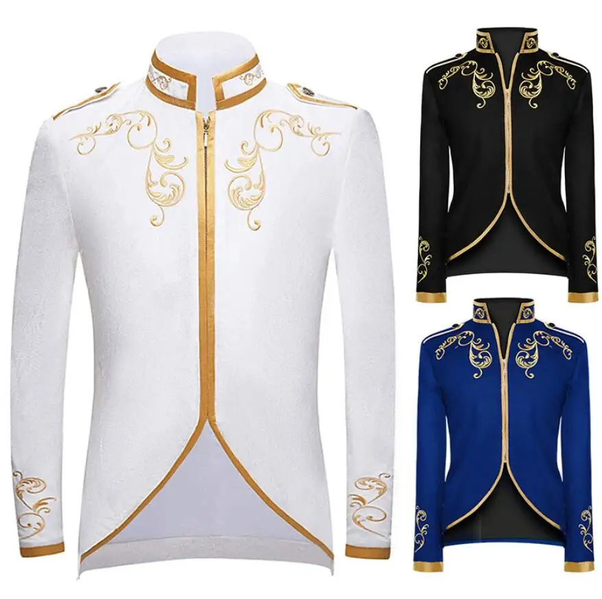 Vintage Men\'s Medieval Jacket Coat Embroidery Zip Up Stand Collar Prince King Cosplay Costume Victorian Golden Jacket Top