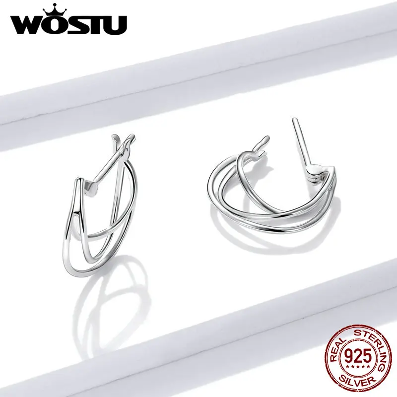 WOSTU Real 925 Sterling Silver Cross Lines Stud Earrings Geometry Original Design Earrings For Women Fashion Jewelry CTE443