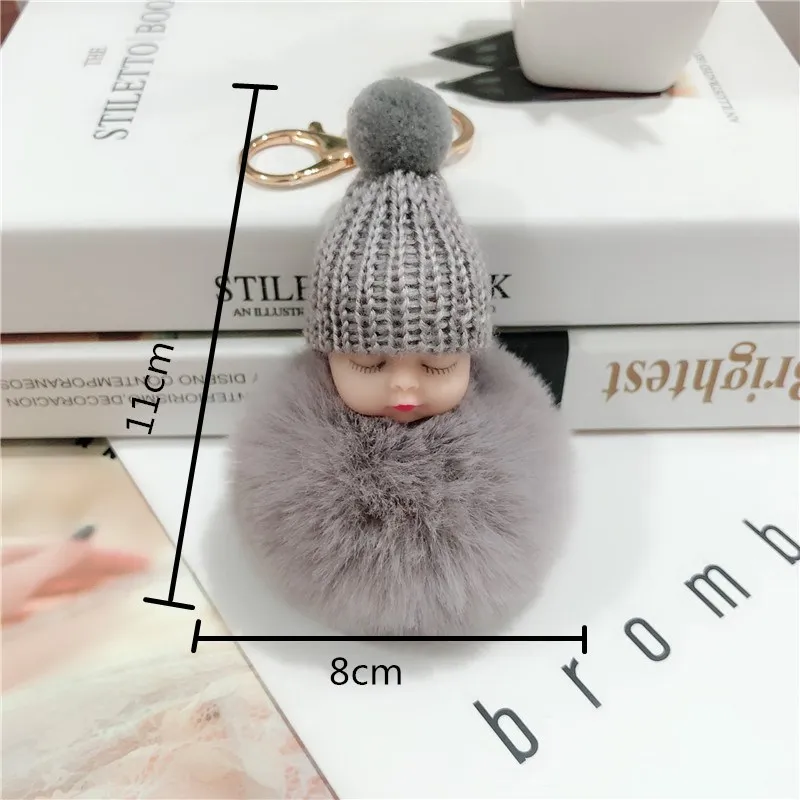 New Pompom sleeping baby keychain cute fluffy Plush doll Keychains Women Girl Bag keyrings Cars Key ring Jewelry Gift porte cl