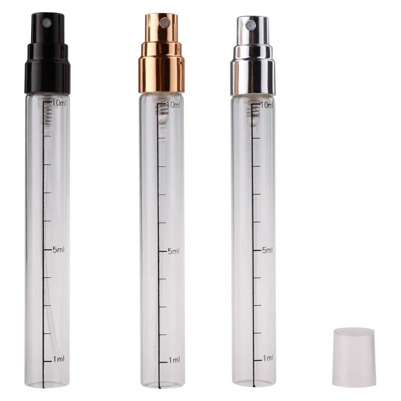 10 ml leere Glasparfümflasche, transparente Sprühpumpenfläschchen mit Skala, Zerstäuber, kosmetische, adstringente, nachfüllbare Flasche, 50 Stück