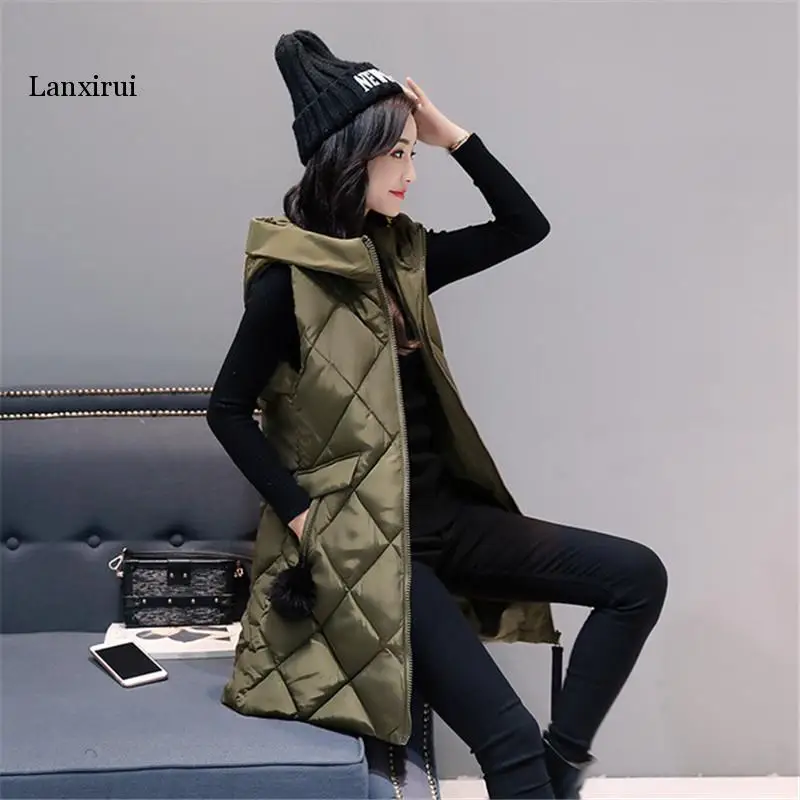 

Vest Waistcoat Women Fashion elegant office lady Autumn Winter Female Sleeveless Jacket Hooded Warm Long Vest cotton feminino