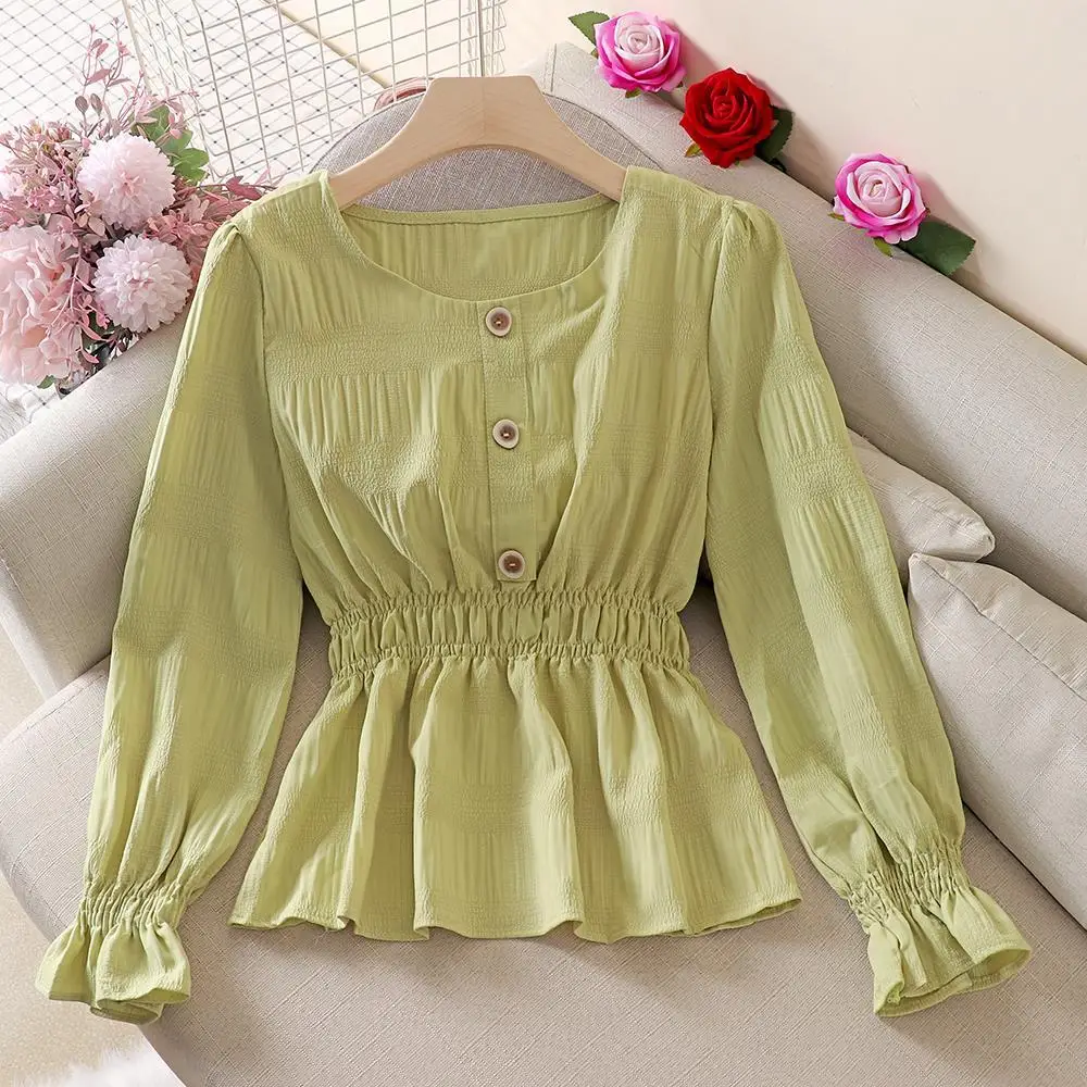 Blouse Women Autumn Ruffled Long Sleeve Shirt Pleated Bell Sleeve Top Blusas Ropa De Mujer