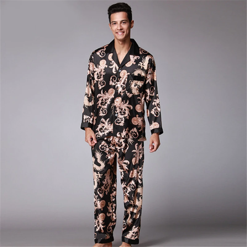 Men New Arrival Pajamas Fashion Top Set Dragon Pattern Men long-sleeved Trousers Night Gown Suit Pajamas Home Wear Night Robe