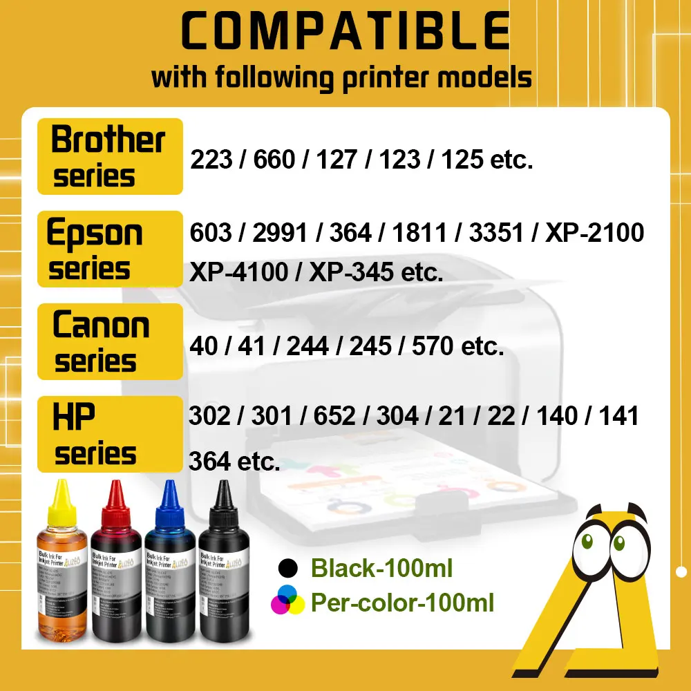 Universal Printer Ink for Canon For Epson For HP For Brother Ink Refill Kit 100ml Bottle 4 Color Dye Cartridge Ciss EcoTank