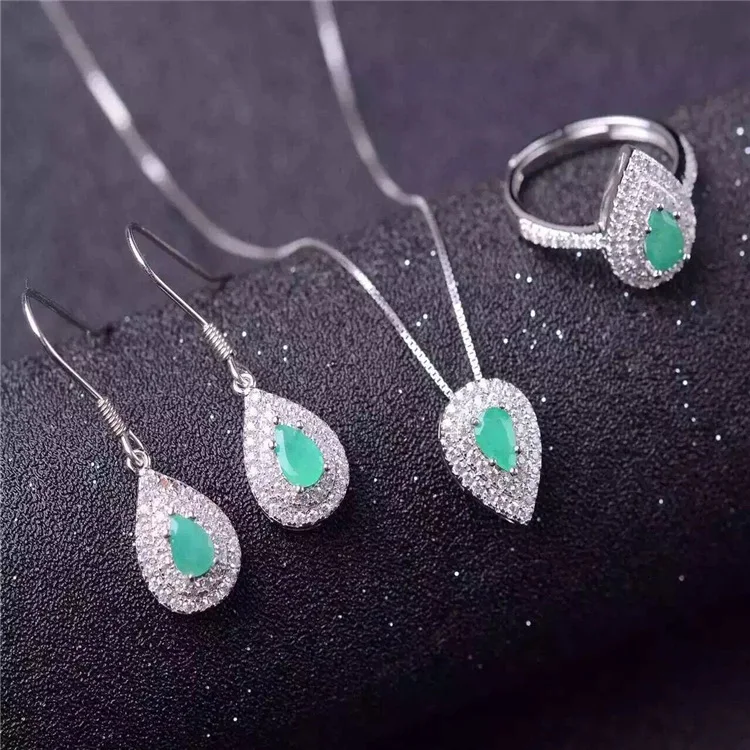 emerald jewelry set 3mm Princess Cut natural emerald ring earrings necklace pendant solid silver emerald jewelry set