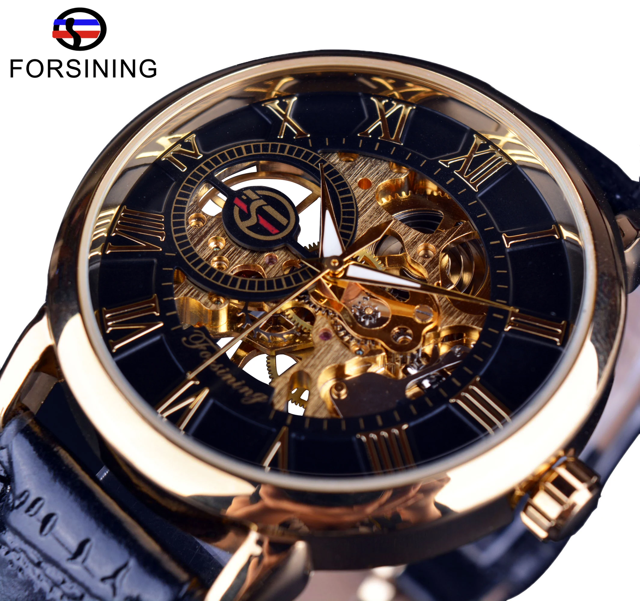 Forsining Men Watches Top Brand Luxury Mechanical Skeleton Watch Black Golden 3D Literal Design Roman Number Black Dial Clock