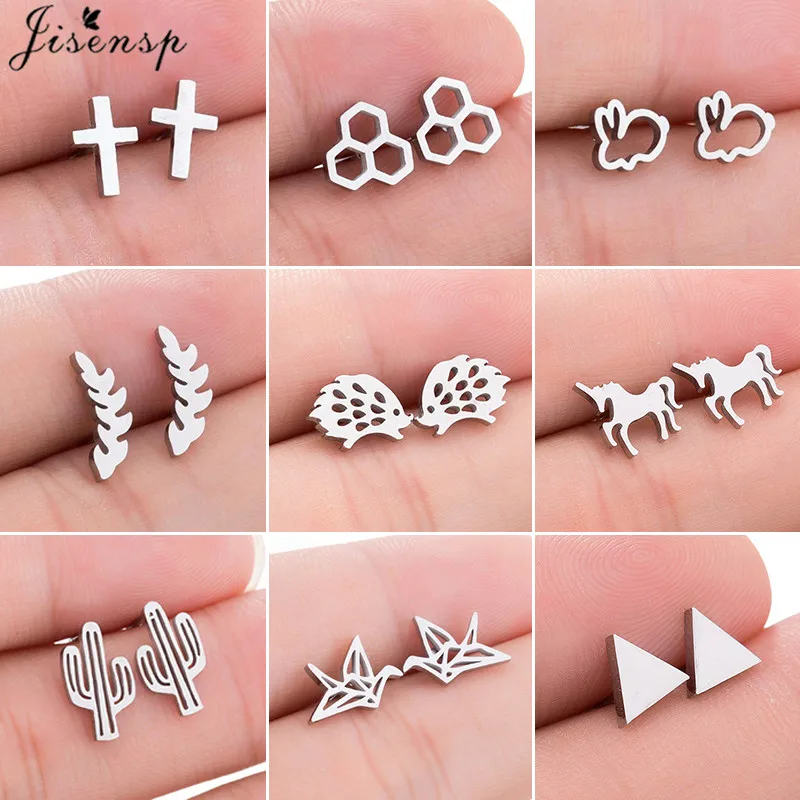 Multiple Mini Stainless Steel Stud Earrings for Women Girls Minimalist Cactus Honeycomb Crane Earings Piercing Jewelry Punk Gift