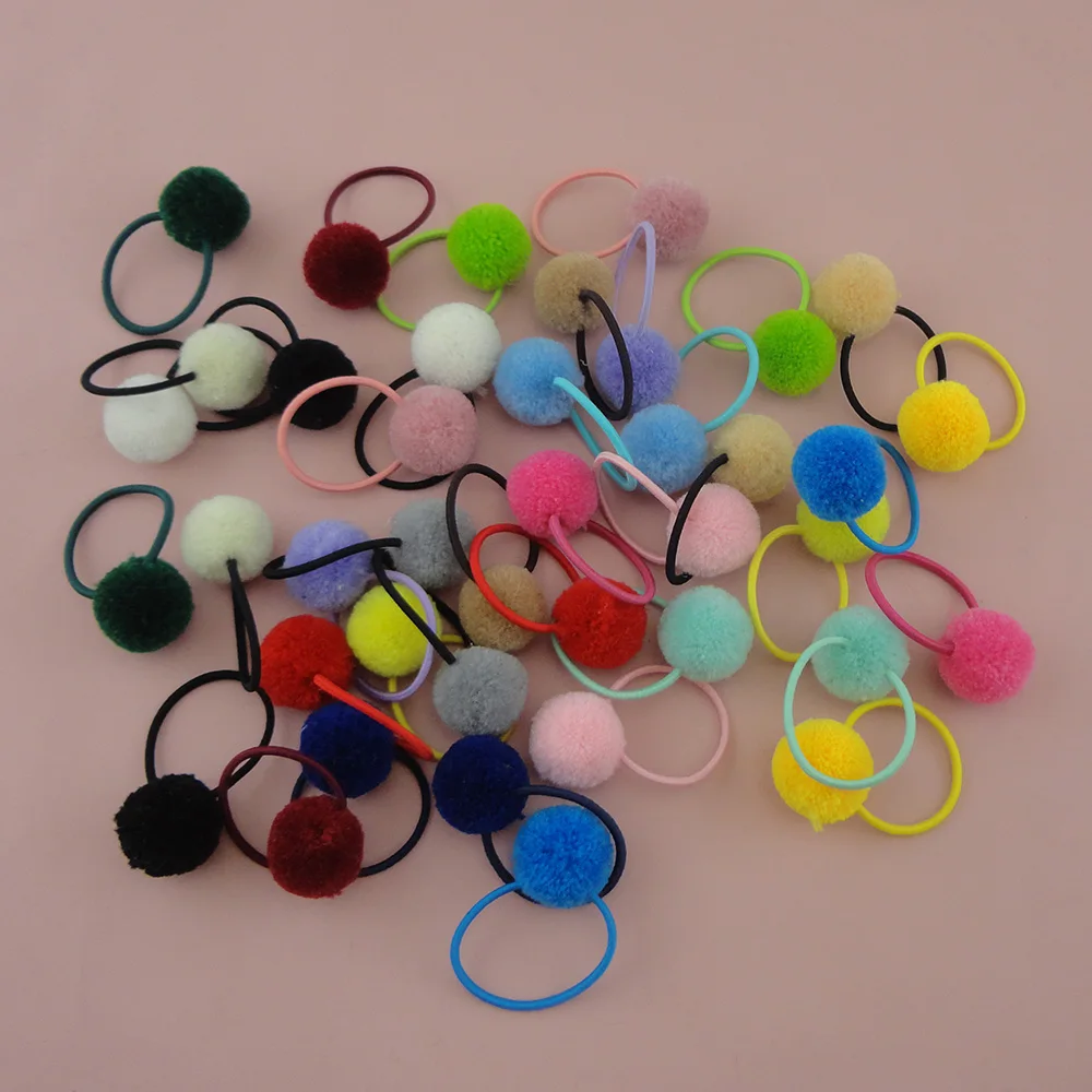 

10PCS 2.0cm cashmere fur pompom balls elastic hair bands for kids baby Ponytail holders hair ties ropes with velvet ball