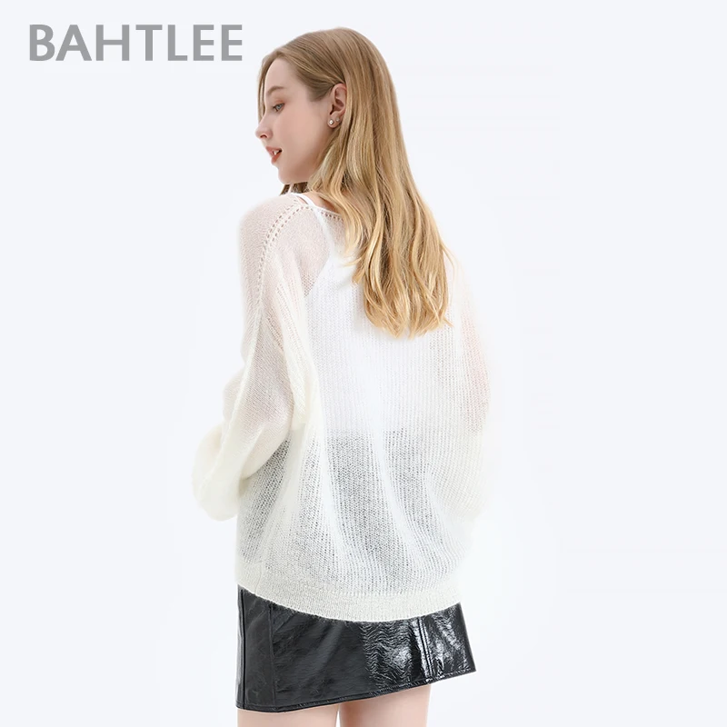 BAHTLEE-Women's Mohair Lantern Sleeves Wool Sweater, Knitted Jumper Pullovers, Slash Neck, Pure Monochromatic, Loose, Spring