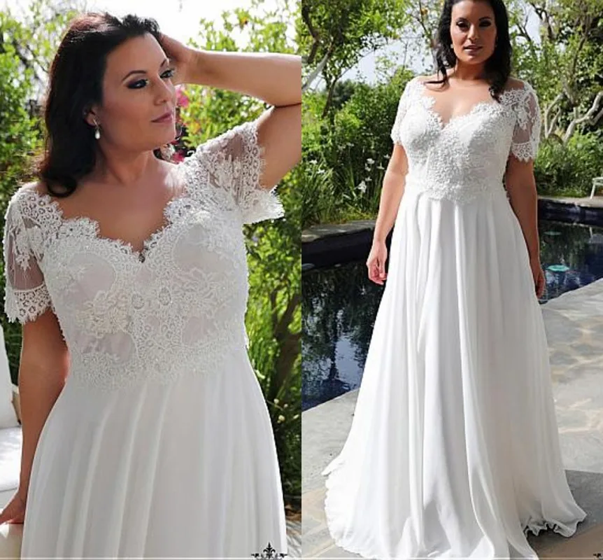 

Simple Tulle Chiffon V-Neck A-line Plus Size Wedding Dress With Beaded Lace Appliques Floor Length Bridal Gowns Mariage