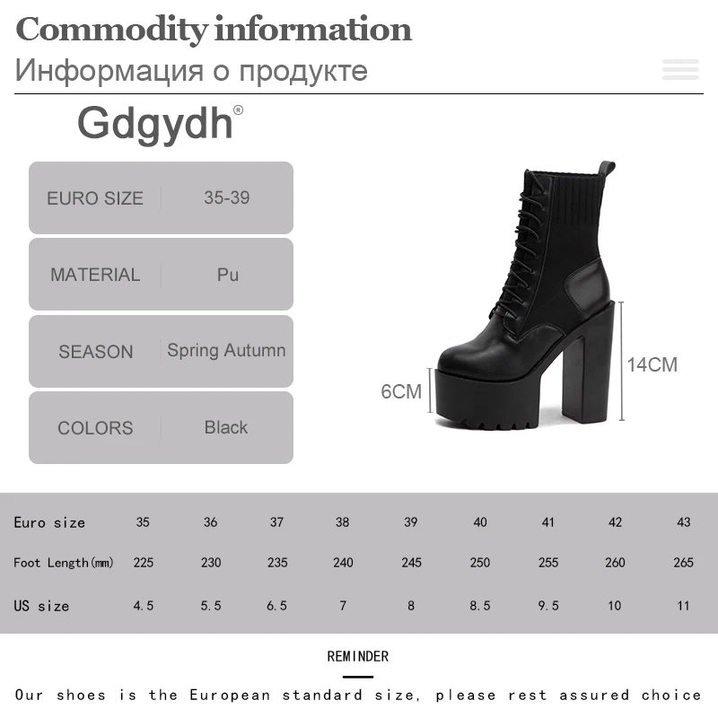 Gdgydh New Fetish Platform Boots Woman Sexy Chunky Heel Front Lace Up Sock Boots Women Ankle Boots Thick Heel Shoe Black Design