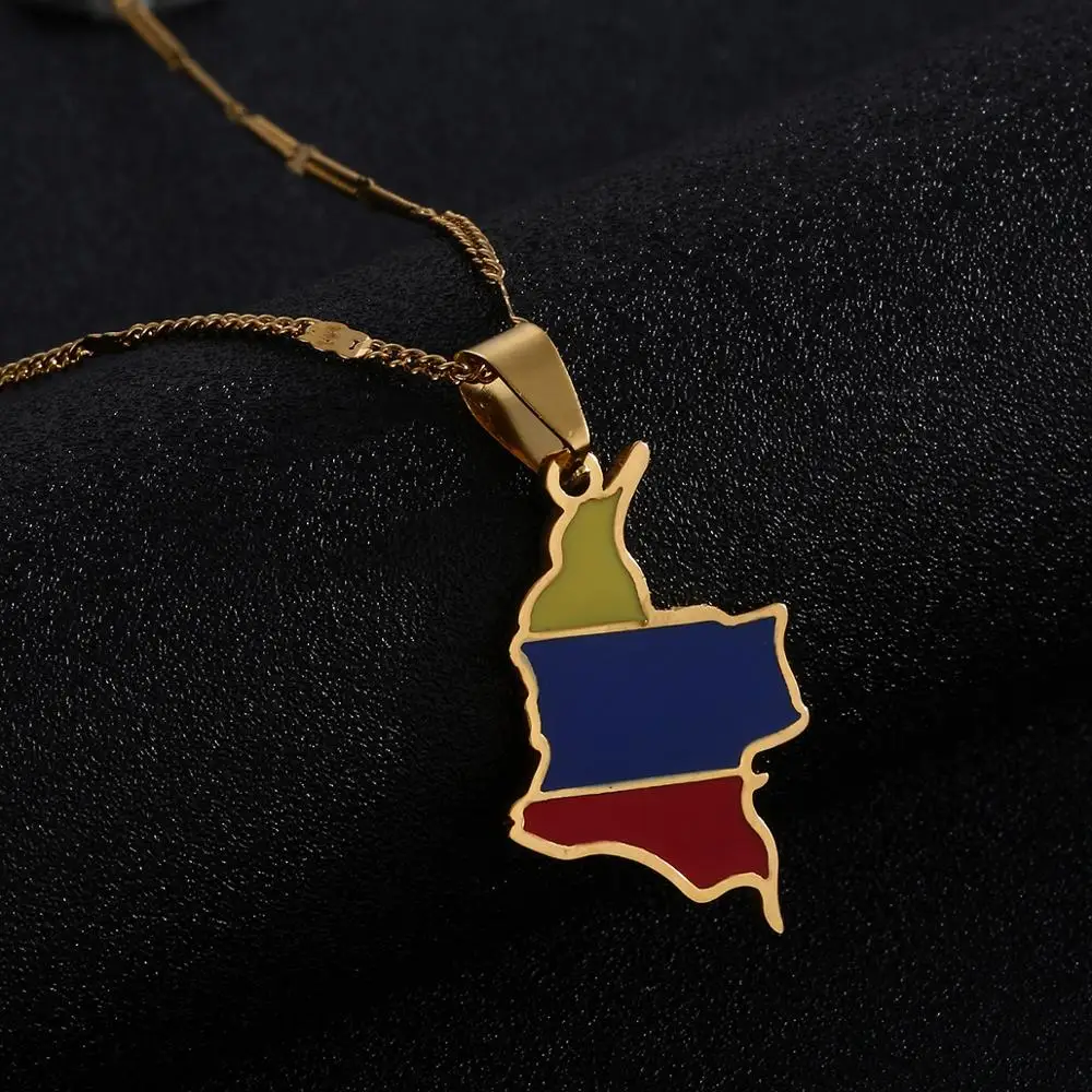 Stainless Steel Enamel Colombia Map Pendant Necklace Trendy Women Men Colombian Flag Map Jewelry