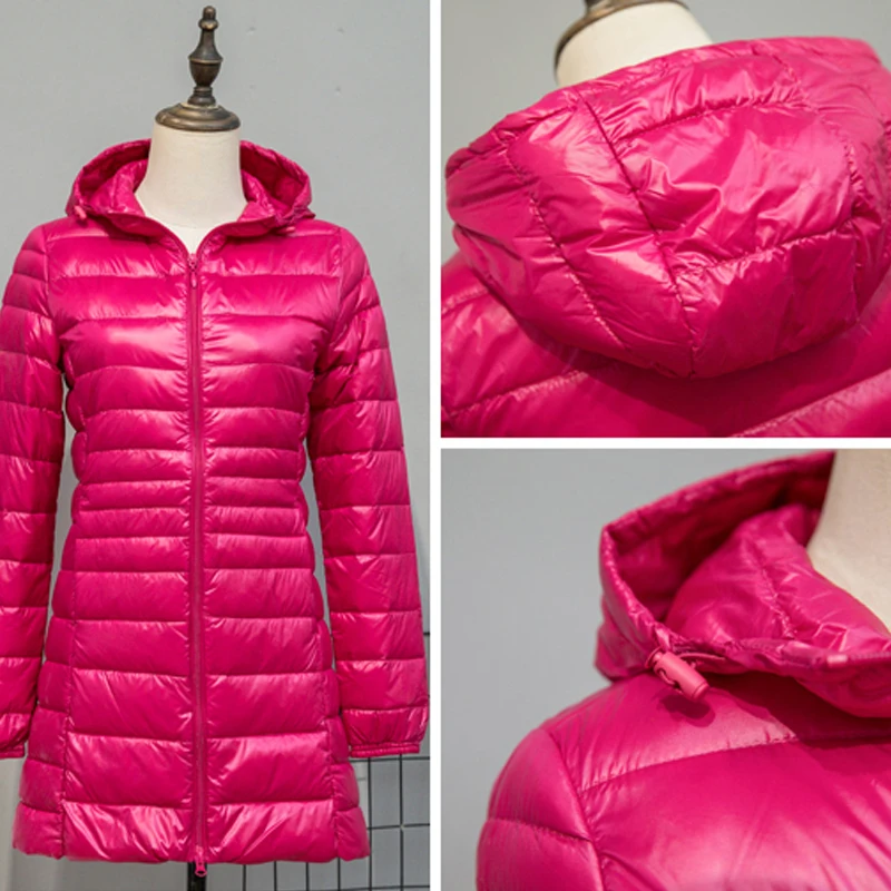 0-10 ℃   Mulheres longas para baixo jaquetas ultra leve com capuz pato para baixo casaco portátil puffer casaco de inverno para mulher à prova de vento para baixo parkas 7xl