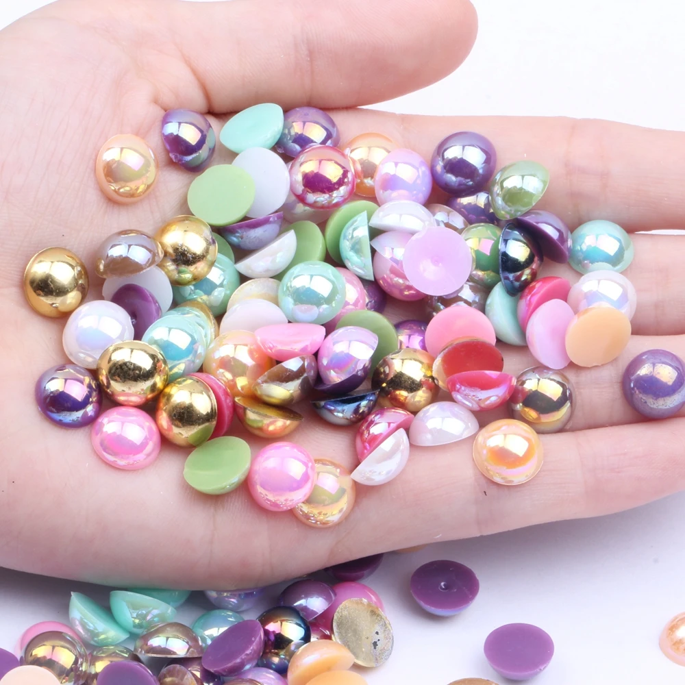 

10mm 2000pcs AB Colors Half Round Resin Pearls Flatback Glue On Imitation Beads For Jewelry Making DIY Accessories