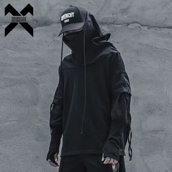 Streetwear Men Loose Hoodies Hip Hop Batwing Sleeve Wizard's Pullover Fake Two Darkwear Tops Techwear Sweatshirt Black WB227