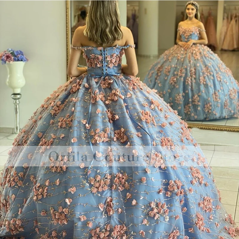 Vestido de quinceañera con hombros descubiertos para niña, vestido de fiesta de graduación mexicana con apliques florales en 3D, corsé trasero, 15 años, 2022