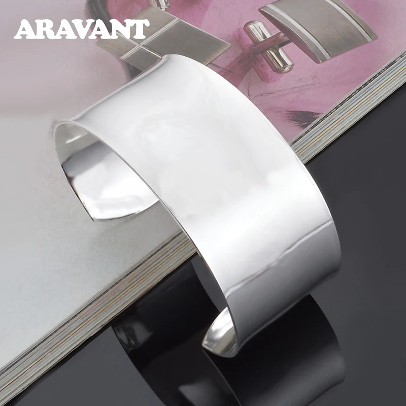 Aravant 925 srebrna szeroka 30mm duża gładka otwarta bransoletka bransoletka dla kobiet mężczyzn biżuteria