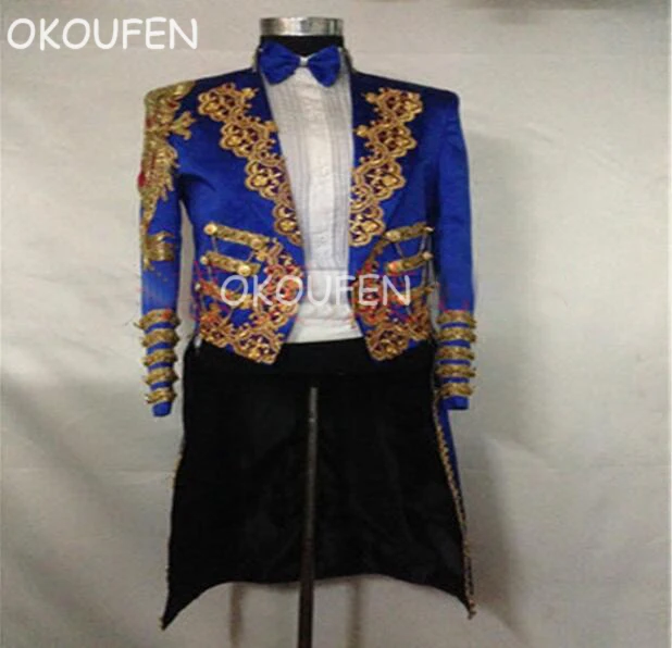 

Bar singer magician host stage costume male banquet wedding dress new blue gold embroidery tuxedo blazer