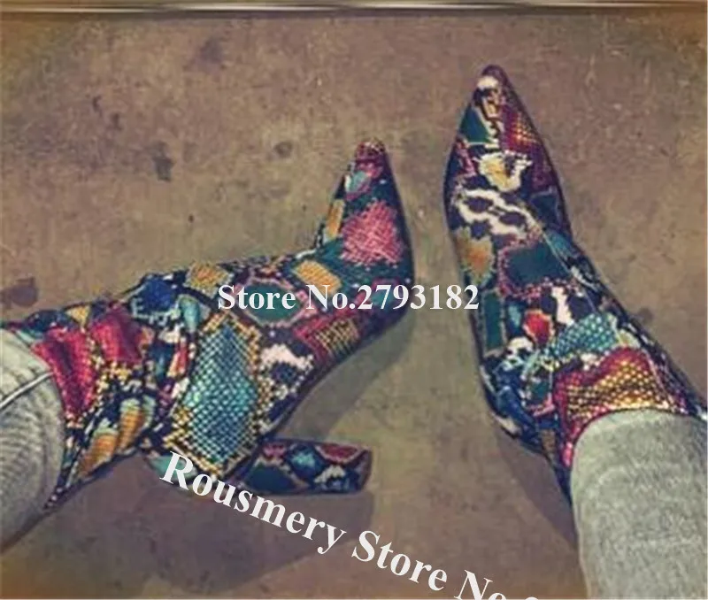 

New Design Women Sexy Snake Leather Pointed Toe Chunky Heel Short Boots Back Zipper-up Printed Red Thick High Heel Ankle Booties