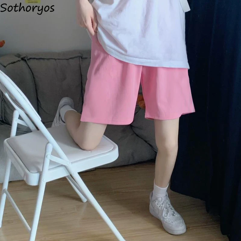 Women Casual Loose Shorts Summer Fashion Solid Knee Length High Waist Wide Leg Pink Trousers Korean Kawaii Students Thin Outwear