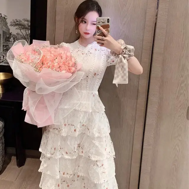 SMTHMA New Fashion Lace Hollow Out Summer Dress For Woman Embroidery Layered Cake Elegant Vintage Long Dresses Female Clothing