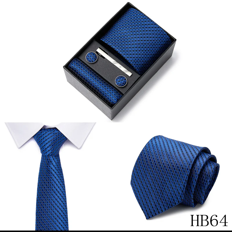 2023 neue Stil Hochzeit Geschenk Krawatte Für Männer Krawatte Box Anzug Zubehör Solide Blaue Krawatte Einstecktücher Manschettenknopf Set – Detail 26