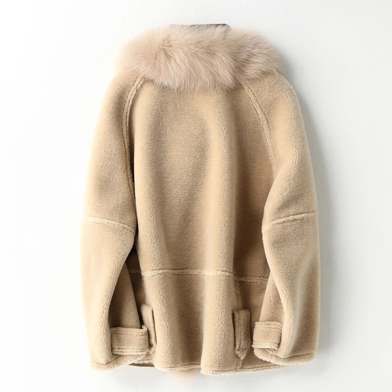 Real Fur Coat Female Jacket Winter Korean Fox Fur Collar Women's Fur Coat Sheep Shearling Fur Suede Lining Women Tops ZT1605