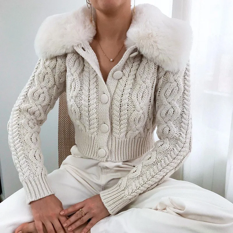 Casual Female Y2k Cropped Sweater White 2023 Spring Streetwear Fashion Woman Cardigan Sweaters with Fur Trim Collar Korean Style