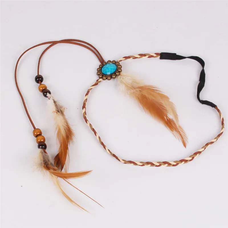 Bohemian Style Indian Feather Headband Headdress Hair Rope Headwear Tribal Hippie Handmade Hair Accessories for Women 21