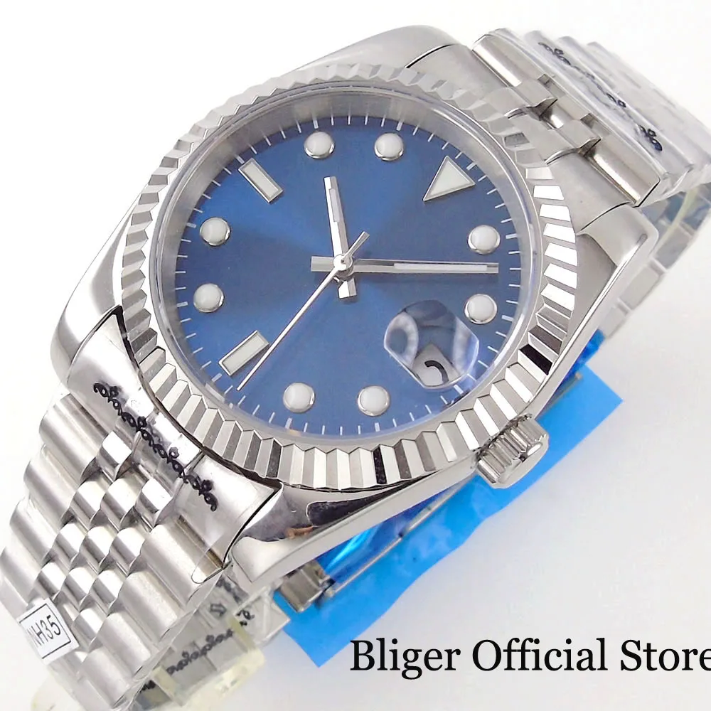 

BLIGER Sunburst Blue Dial NH35A Business 36MM/39MM Fluted Bezel Selfwinding Automatic Men Wristwatch Baton Hand Glass Back